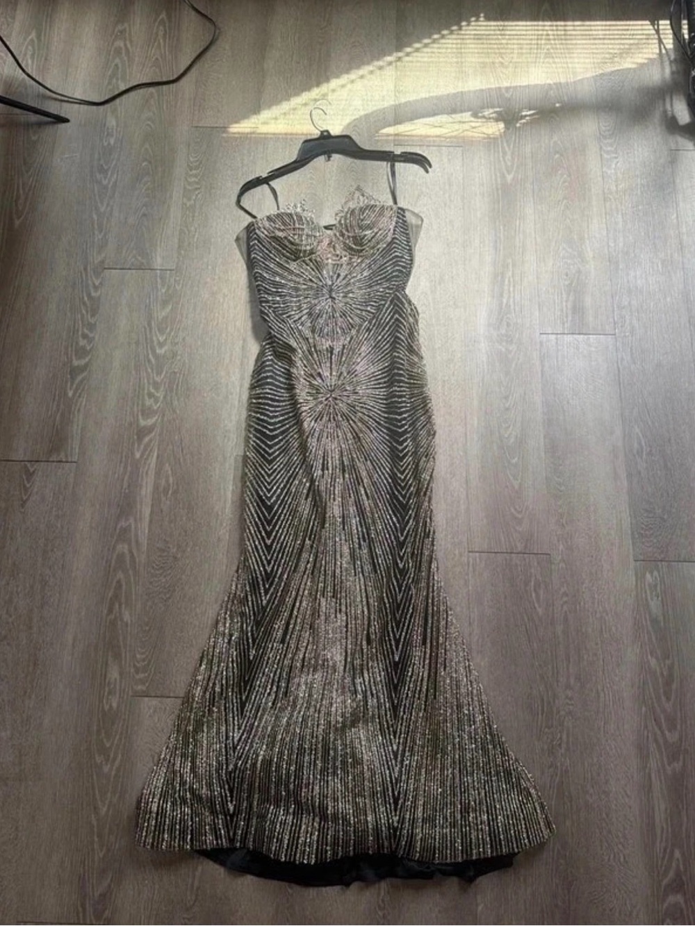 Strapless Metallic Evening Gown - Black and Silver